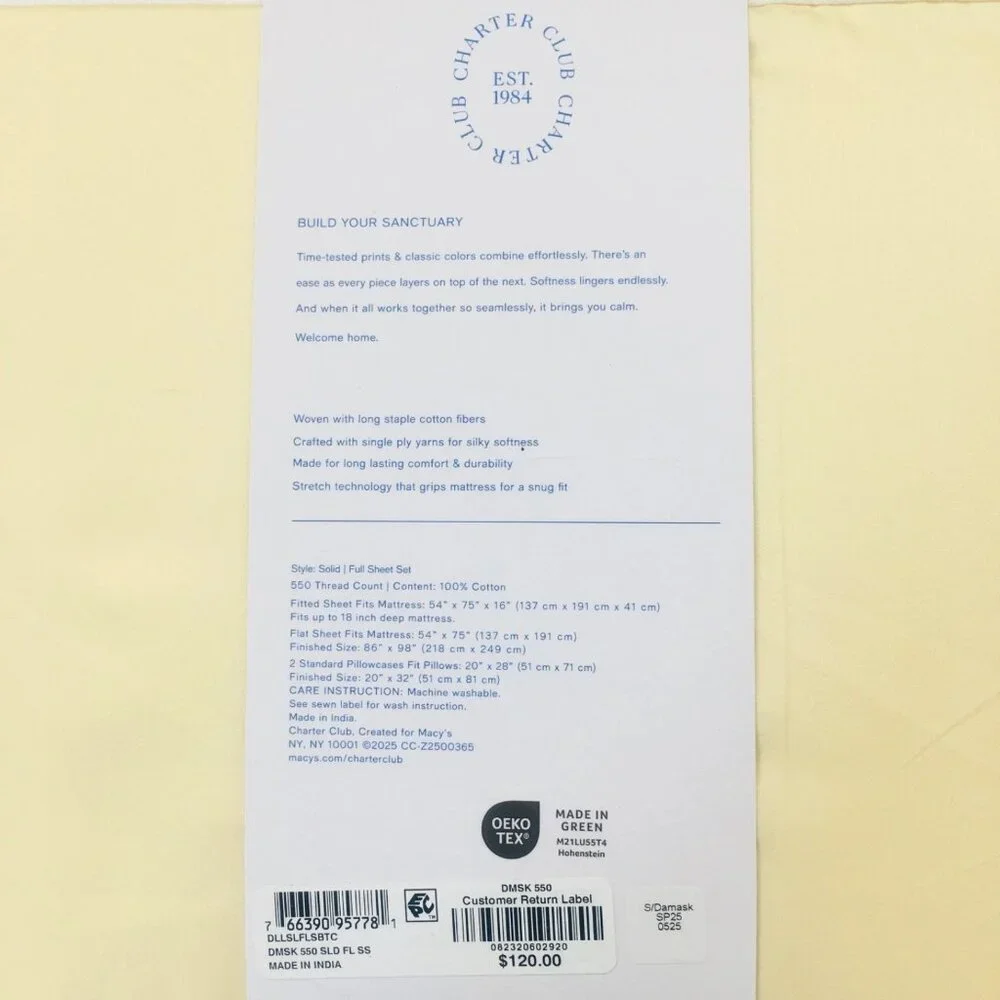 Charter Club Damask Solid 550 TC 100% Cotton FULL Sheet Set in BUTTERCUP YELLOW